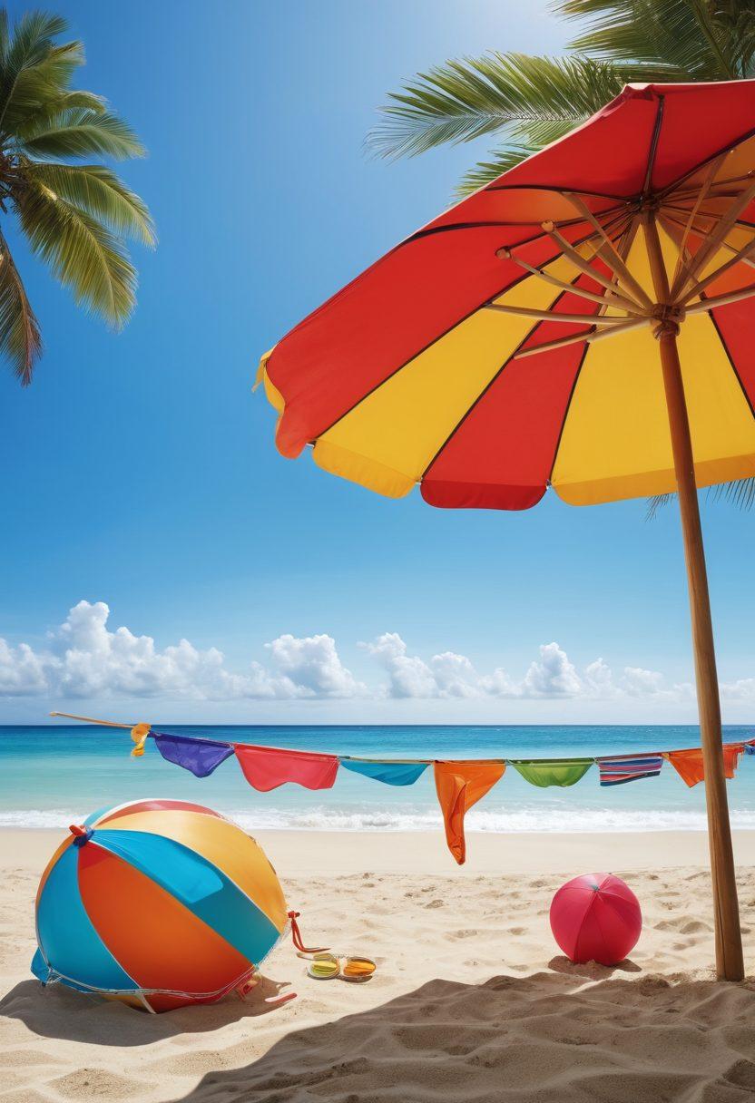 A stylish beach scene featuring a diverse array of thong style swimwear hung on a clothesline, with a backdrop of beautiful blue ocean and a sunny sky. In the foreground, a colorful beach umbrella and a finance-themed beach ball symbolize smart mortgage planning. The overall composition conveys a perfect blend of summer fun and financial savvy, appealing to the reader's lifestyle. vibrant colors. super-realistic. summer vibe.