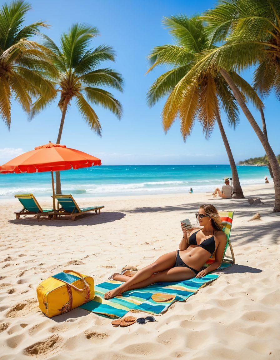 A stylish beach scene showcasing a diverse group of confident individuals in fashionable swimwear, engaging in activities like sunbathing and playing beach volleyball. Incorporate colorful beach umbrellas and tropical palm trees in the background, symbolizing leisure and enjoyment. Include subtle elements representing finance, like a stylish sunglasses case shaped like a dollar bill and a beach bag with a calculator peeking out. Emphasize vibrant colors and a sunny atmosphere. super-realistic. vibrant colors. beach setting.